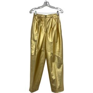 Vakko Vintage 80s Womens Leather Pants 6 Gold Pleated Straight Leg Trousers